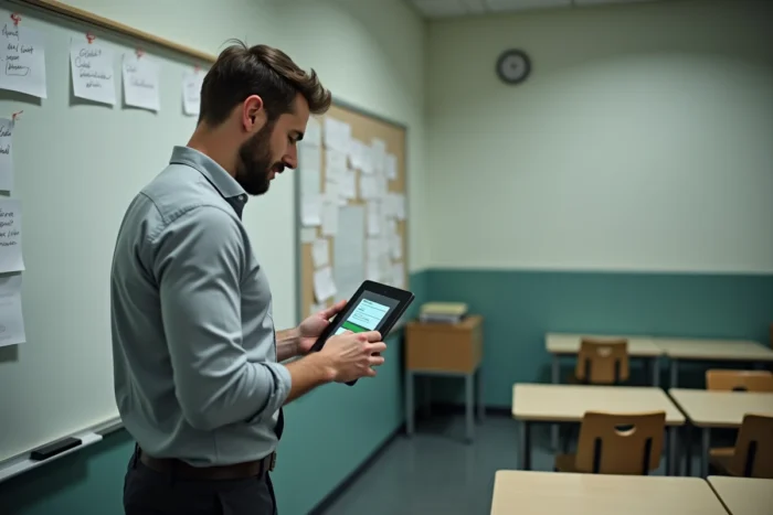 Enseignant consultant l'interface de connexion d'Arena Montpellier académie sur une tablette en salle des professeurs