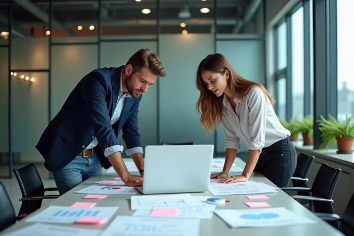 Deux professionnels du marketing analysant ensemble des rapports de mots clés SEO lors d'une réunion de travail