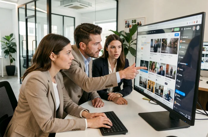Groupe de collègues analysant un tableau de bord d'actualités en ligne sur un grand écran dans un espace de coworking moderne