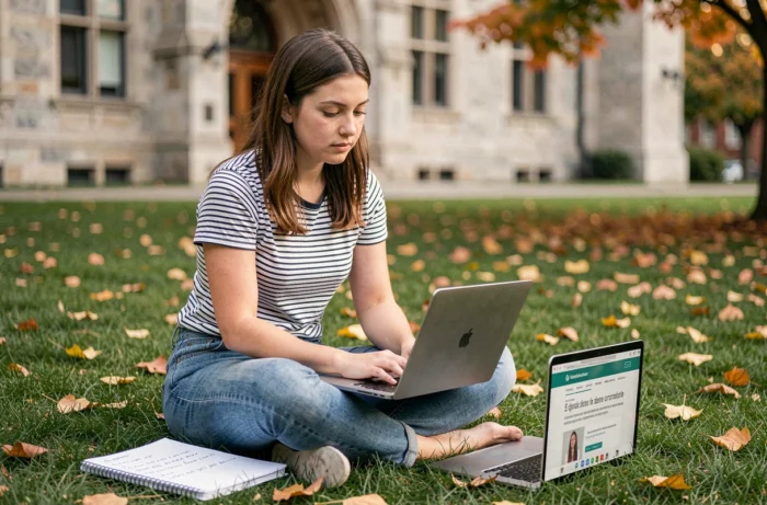 Jeune femme révisant des exercices d'orthographe française sur un campus universitaire avec un carnet et un ordinateur portable