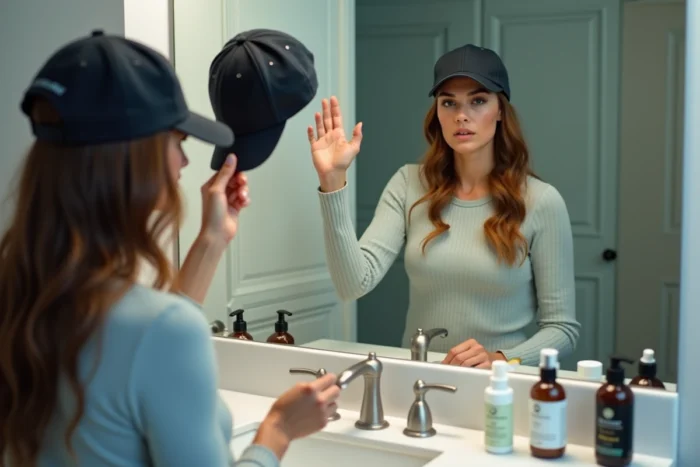 Femme évitant les produits capillaires gras avant de porter un chapeau, avec des produits étalés sur un comptoir