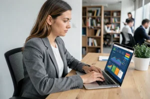 Femme professionnelle analysant des outils SEO sur un ordinateur portable dans un bureau moderne