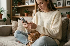 Jeune femme utilisant une application de partage de photos de chats sur smartphone, avec un chat roux endormi à ses côtés dans un salon chaleureux