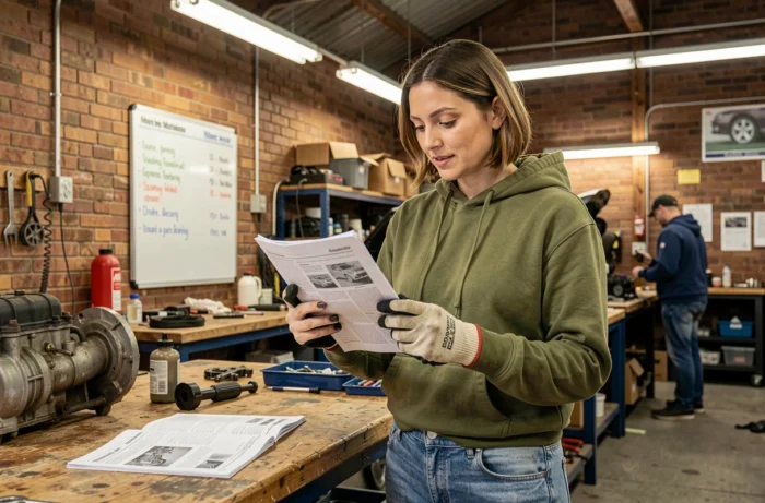 Femme apprenant la mécanique automobile dans un garage associatif solidaire lors d'un atelier participatif