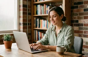 Femme blogueure travaillant sur son ordinateur portable dans un bureau à domicile chaleureux et inspirant