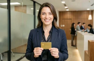 Femme élégante tenant une carte bancaire gold Crédit Agricole dans une agence bancaire moderne
