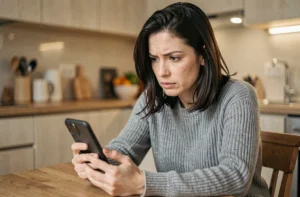 Femme consultant son smartphone avec une expression méfiante, cherchant à savoir qui visite son profil Facebook