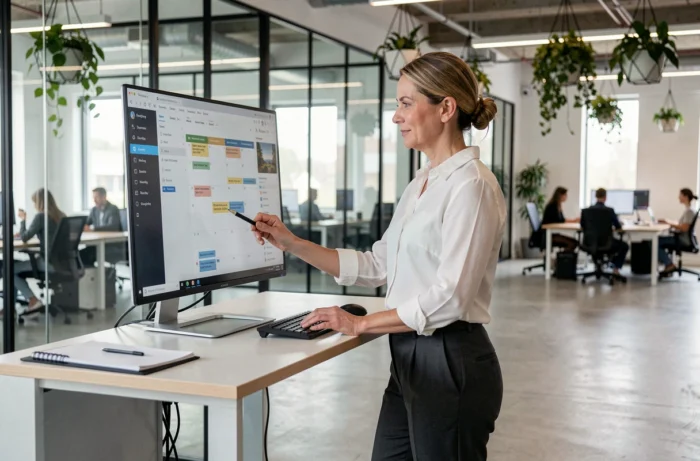 Femme professionnelle gérant son blog sur un grand écran dans un espace de coworking moderne