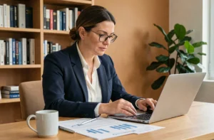 Femme professionnelle gérant ses finances personnelles et professionnelles sur un bureau moderne avec documents et ordinateur portable