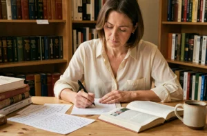 Femme écrivant des notes de grammaire française sur un bureau en bois avec un livre de référence orthographique ouvert