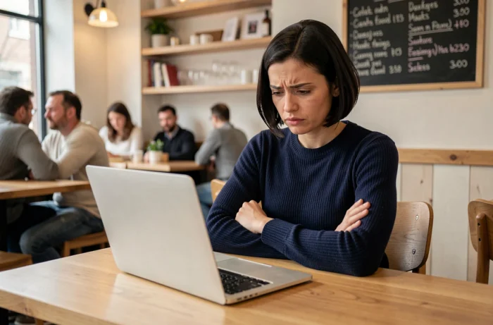 Femme méfiante lisant un forum douteux sur son ordinateur portable dans un café moderne