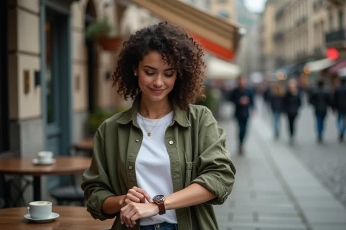Femme vérifiant l'heure sur une montre portée à l'envers en terrasse de café urbain