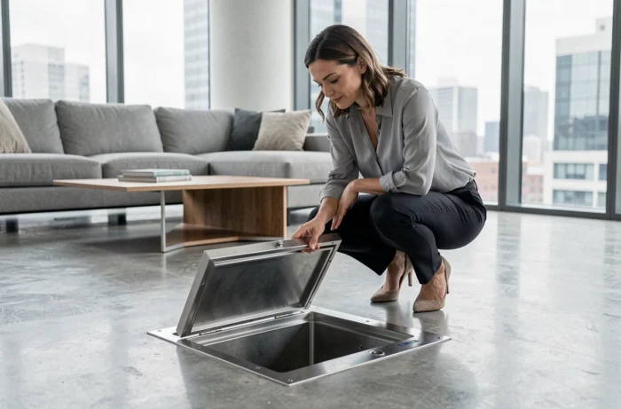 Femme ouvrant un coffre-fort encastré dans le sol en béton poli d'un appartement contemporain
