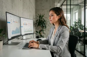 Femme professionnelle analysant des tableaux de bord numériques sur deux écrans dans un bureau moderne en 2024