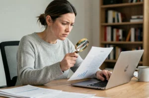 Femme consultant un document imprimé et son ordinateur portable pour retrouver un code d'enquête perdu dans un bureau à domicile