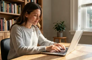 Femme en télétravail recherchant un emploi en ligne sur son ordinateur portable dans un bureau à domicile organisé