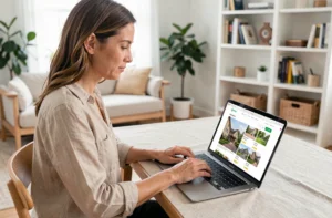 Femme recherchant des offres immobilières en ligne sur un ordinateur portable dans un bureau à domicile moderne