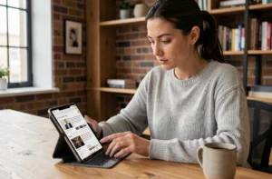 Femme consultant une application d'actualités sur tablette dans un bureau moderne, illustrant l'accès numérique à l'information en ligne