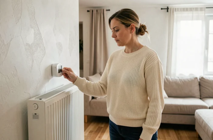 Femme réglant le thermostat d'un radiateur à fioul dans un salon résidentiel moderne en France
