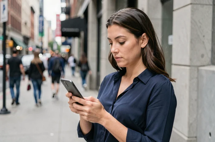 Femme en ville consultant les modes silencieux et ne pas déranger sur son téléphone Android