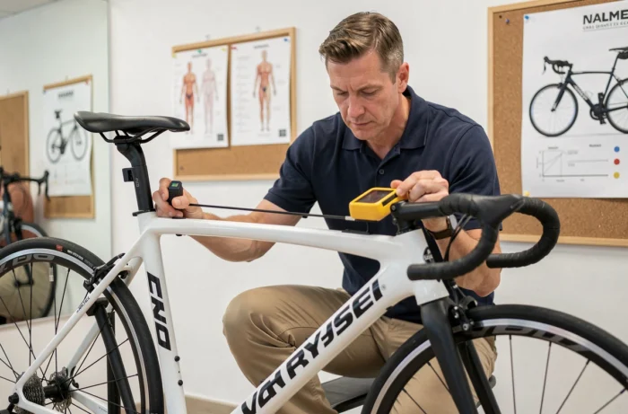 Spécialiste du fitting vélo analysant la géométrie d'un Van Rysel dans un studio professionnel