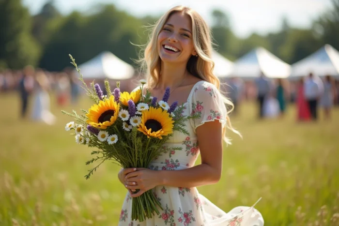 Jeune femme rayonnante tenant un bouquet de fleurs sauvages attrapé lors du lancer de bouquet dans une prairie ensoleillée
