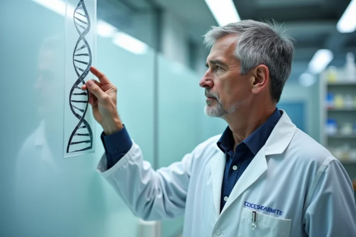 Généticien en blouse blanche étudiant un diagramme d'ADN dans un laboratoire de recherche