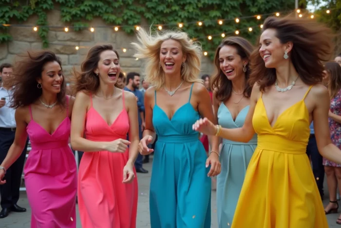 Groupe de femmes en robes colorées rétro dansant joyeusement sur une terrasse lors d'une fête de mariage