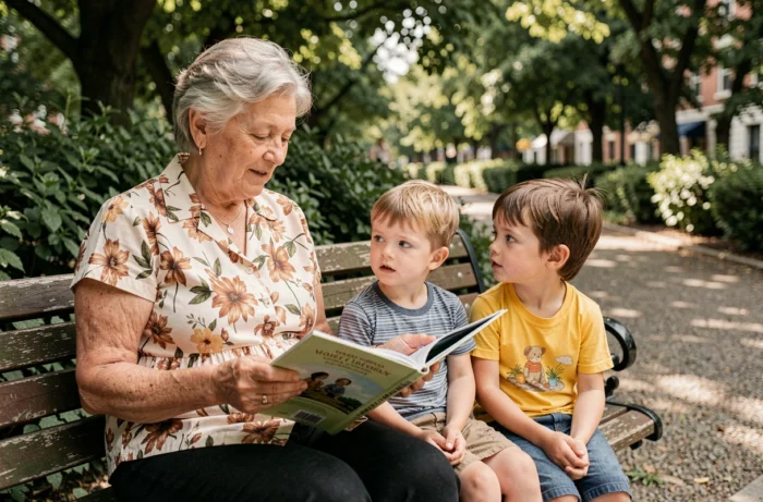 Grand-mère lisant un livre illustré à deux jeunes enfants sur un banc de parc, représentant la transmission intergénérationnelle et l'accompagnement du développement de l'enfant