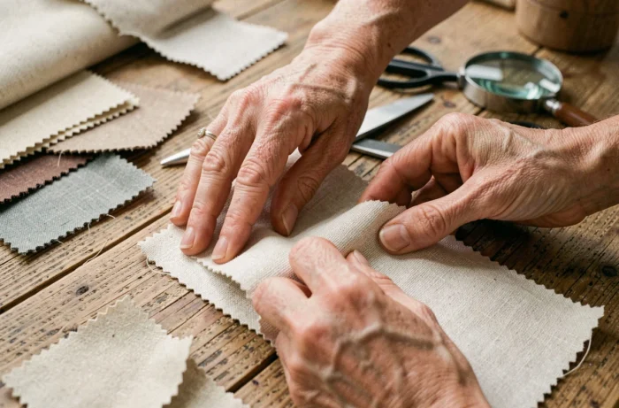 Gros plan sur des mains testant la texture d'un tissu de sécurité Securidrap à domicile