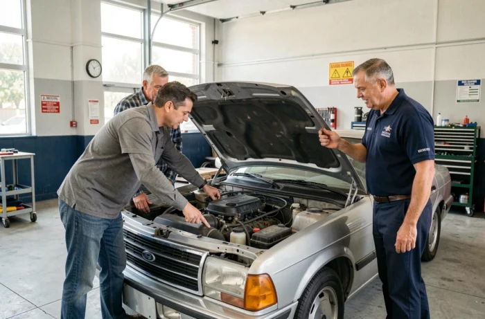 Groupe de participants recevant des conseils mécaniques d'un bénévole dans un garage solidaire autour d'un moteur de voiture