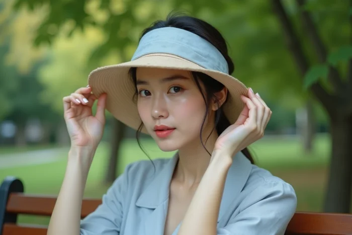 Femme ajustant un headband en coton sous son chapeau beige dans un parc