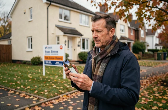 Homme consultant une application immobilière sur smartphone devant une maison à vendre en automne