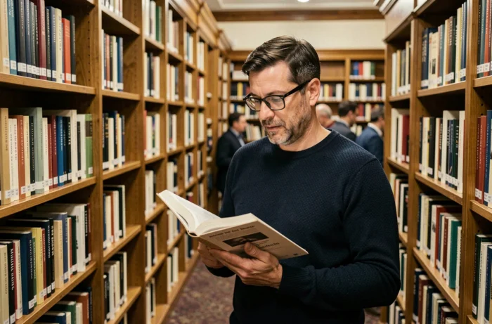 Homme consultant un guide de grammaire française dans une bibliothèque publique entre des rayonnages de livres