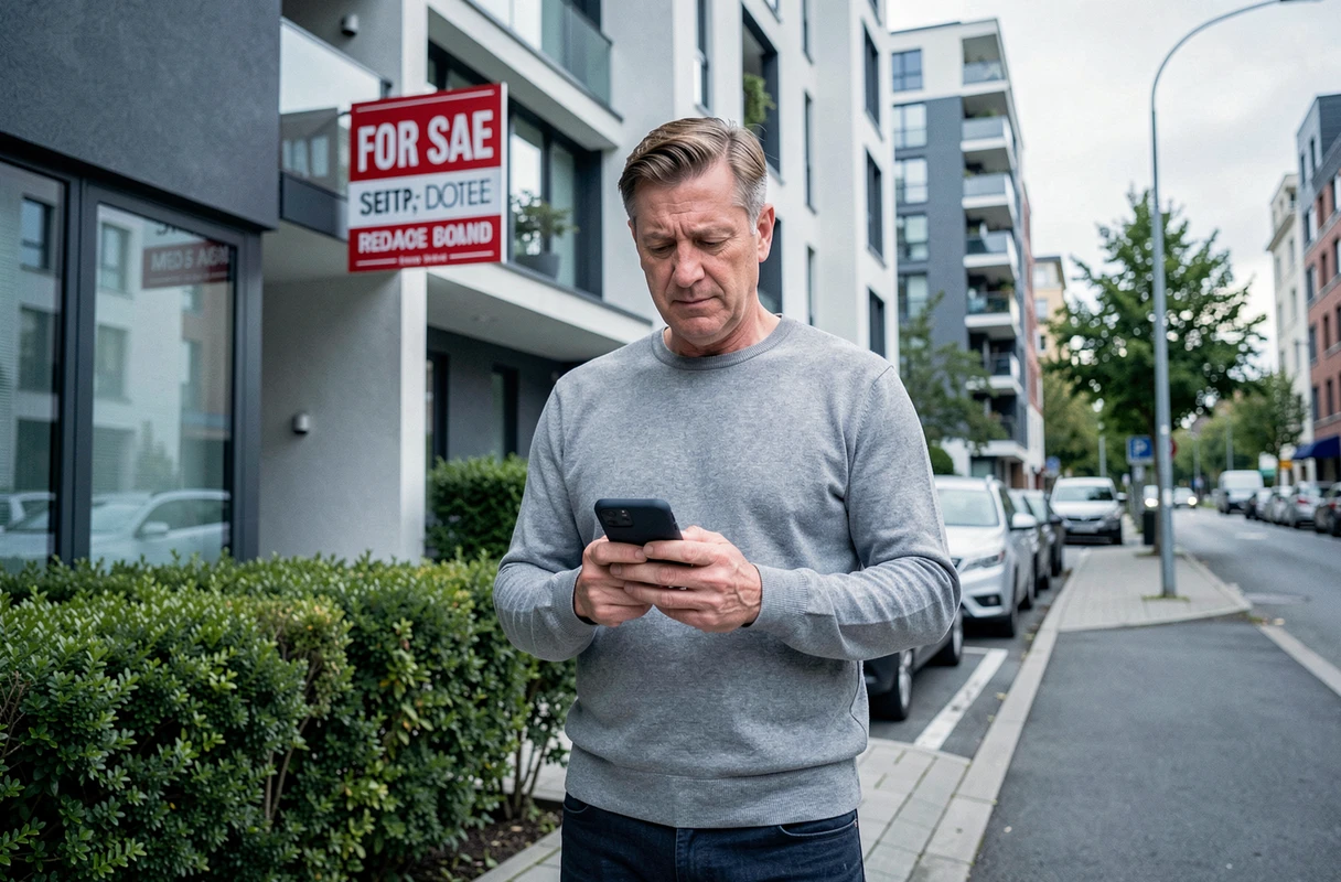 Homme consultant les services et annonces du portail Welcome Immo sur smartphone devant un immeuble résidentiel