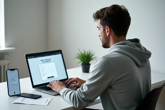 Homme effectuant une demande de remboursement en ligne sur le site Hacoo depuis son bureau à domicile
