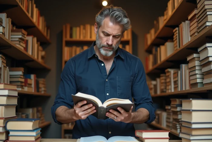 Homme en librairie indépendante lisant la quatrième de couverture d'un roman hardcover entouré d'étagères de livres vintage