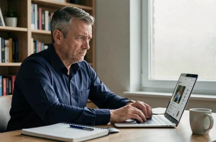 Homme d'âge mûr face à son ordinateur portable analysant une application promettant de révéler les visiteurs de son profil Facebook