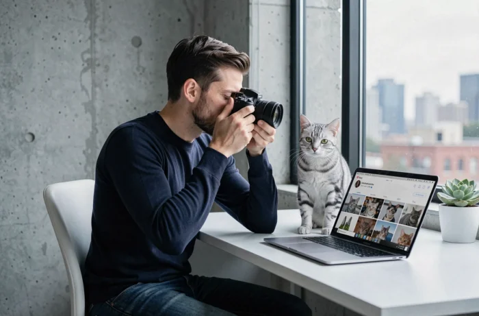 Homme photographiant son chat gris avec un appareil photo dans un bureau moderne pour partager sur une application sociale dédiée aux chats