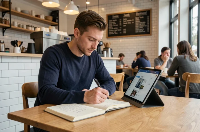 Jeune homme planifiant son blog dans un café moderne avec un carnet de notes et une tablette