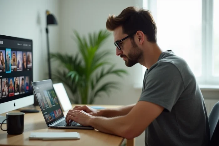 Homme consultant une plateforme de streaming gratuit de films sur son ordinateur portable dans un bureau à domicile