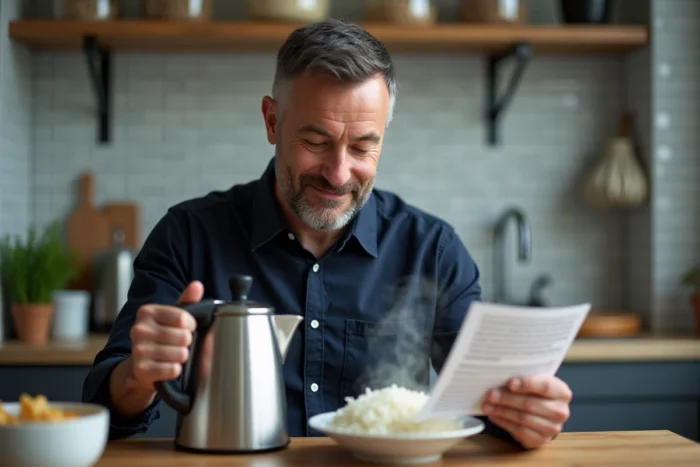 Homme consultant une recette tout en tenant une bouilloire électrique devant un bol de riz cuit fumant dans une petite cuisine urbaine