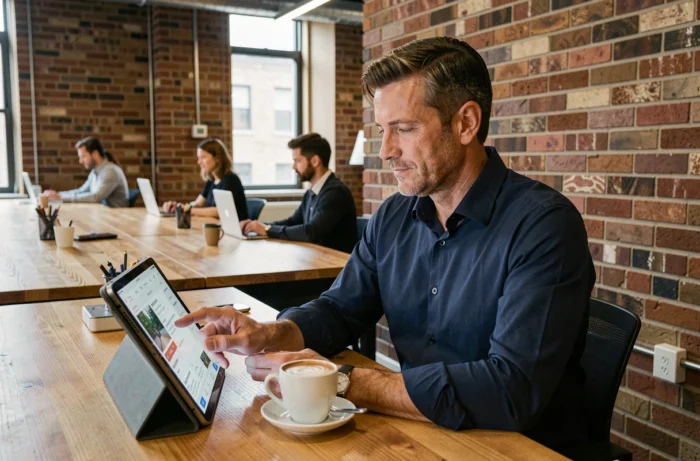 Homme en recherche d'emploi sur tablette numérique dans un espace de coworking moderne avec mur en briques
