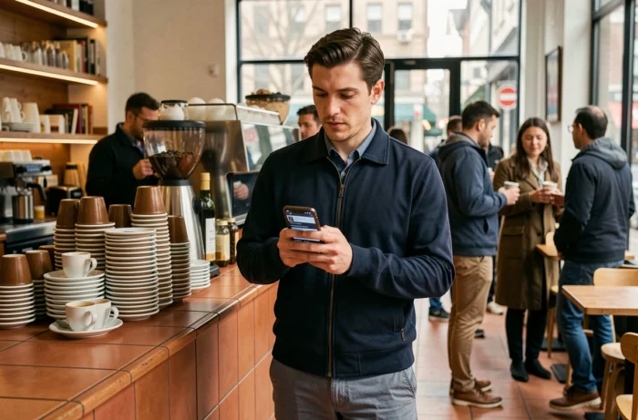 Homme consultant un flux d'actualités numériques sur smartphone dans un café urbain animé, symbolisant la révolution de l'information en ligne