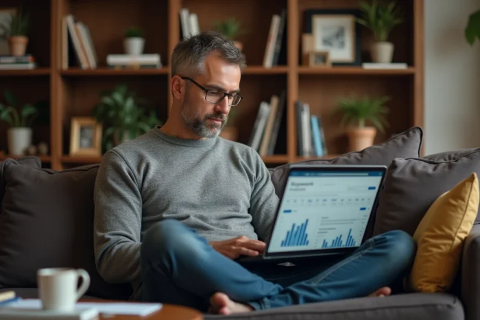 Homme travaillant depuis chez lui sur une stratégie de mots clés avec un outil SEO ouvert sur son ordinateur portable