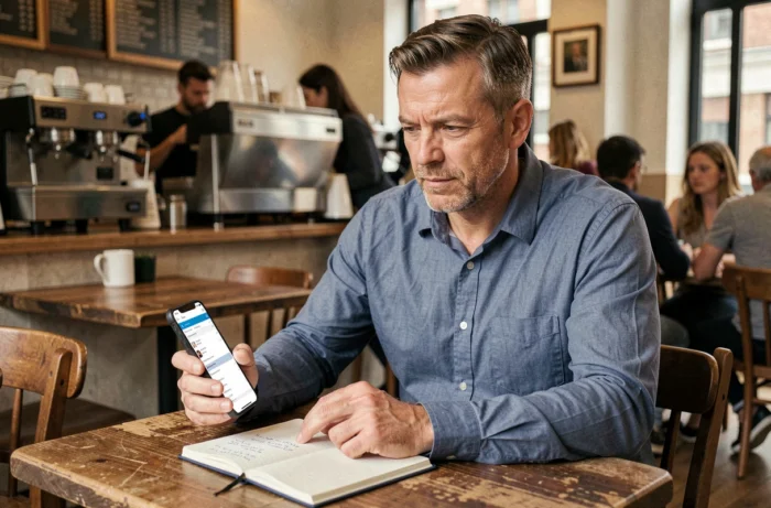 Homme consultant son téléphone et ses notes dans un café pour retrouver un code d'enquête manquant