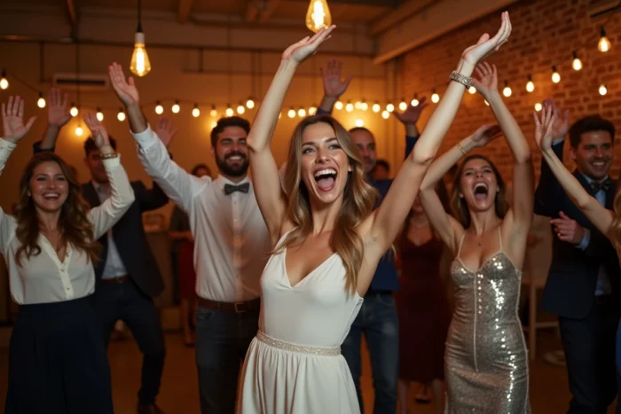 Piste de danse bondée et euphorique lors d'une réception de mariage dans un loft urbain avec murs en briques apparentes