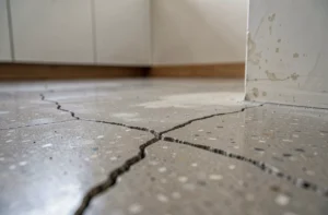 Fissures et défauts visibles sur un sol en béton quartzé dans une cuisine moderne, illustrant les inconvénients de ce revêtement