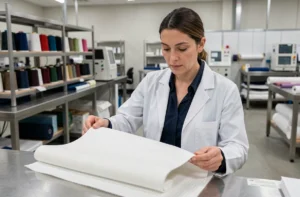 Ingénieure textile examinant un tissu technique Securidrap dans un laboratoire moderne