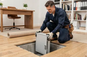 Installateur professionnel posant un coffre-fort à sceller dans le sol en parquet chêne d'un bureau à domicile moderne